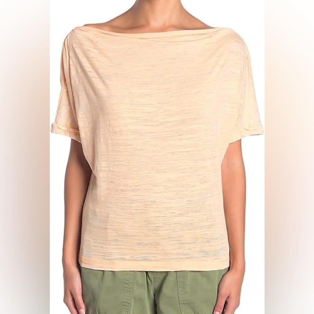 NWT Free People Astrid Tee Apricot Burnout Off Shoulder Dolman Sleeve Size L A23
